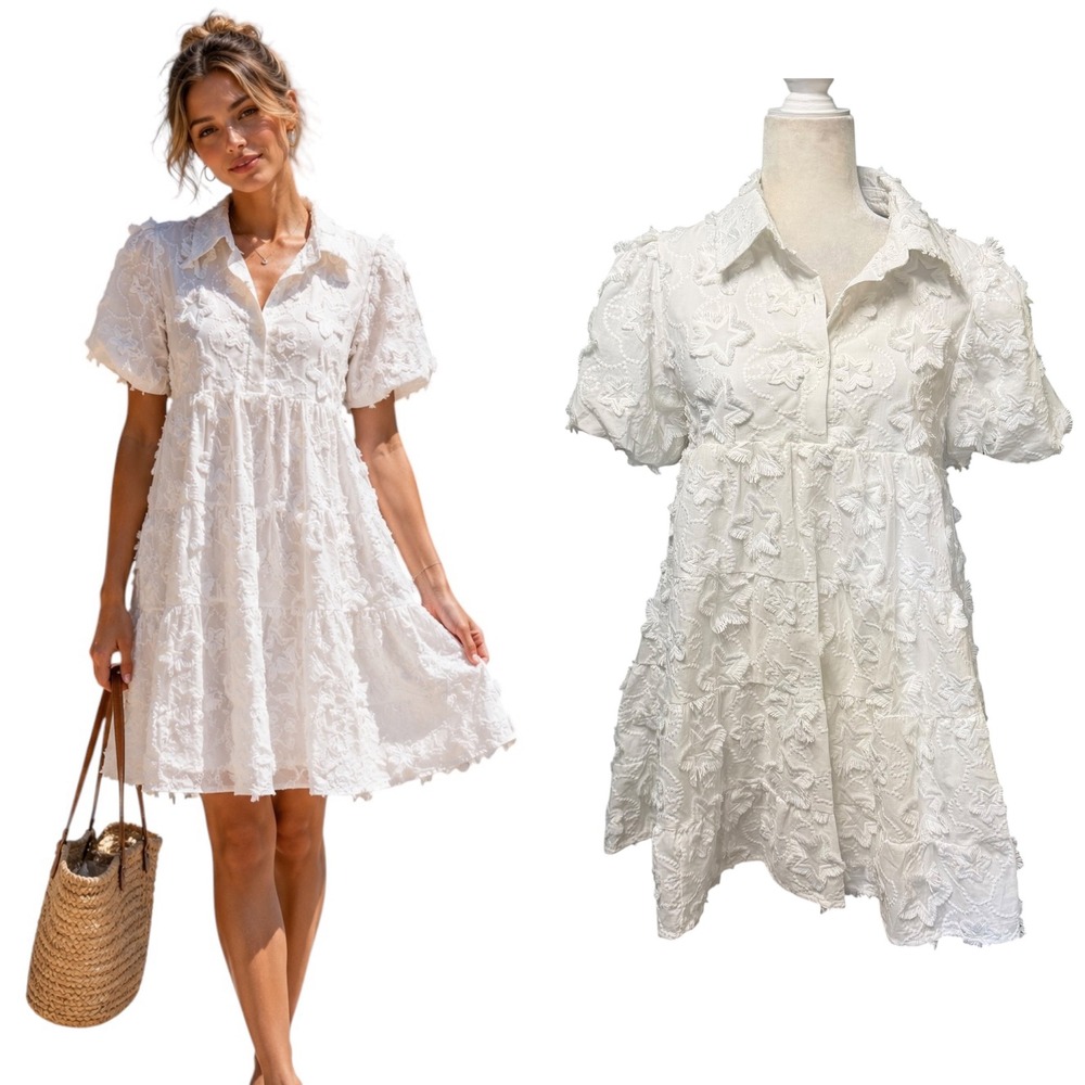 Womens S Babydoll Mini Dress Star Tiered Feminine Vacation Romantic Coastal